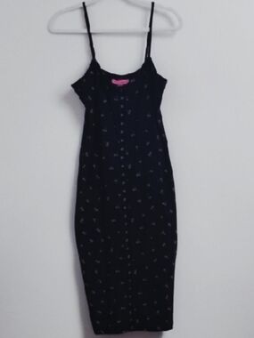 Vintage Betsey Johnson Retro Style Black Cherry Print Snap Front Bodycon Dress